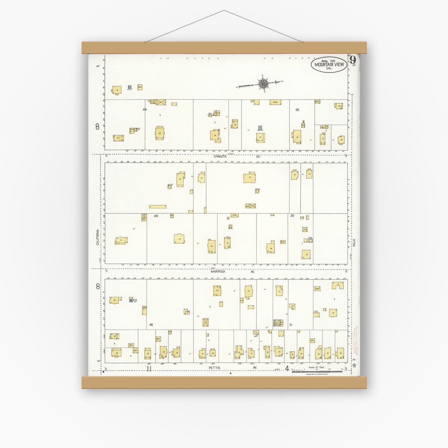 Old map wall art mockup — magnetic wood frame on white wall — Sanborn Fire Insurance Map from Mountain View, Santa Clara County, California (1921), Sheet #0009