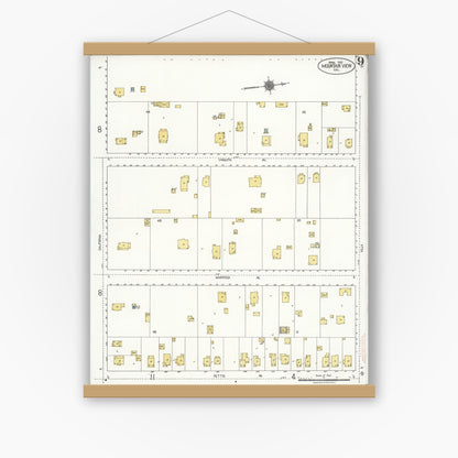 Old map wall art mockup — magnetic wood frame on white wall — Sanborn Fire Insurance Map from Mountain View, Santa Clara County, California (1921), Sheet #0009
