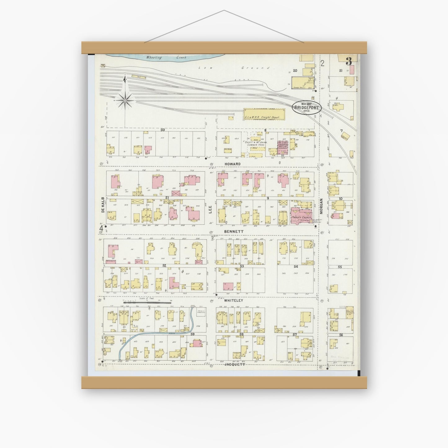 Old map wall art mockup — magnetic wood frame on white wall — Sanborn Fire Insurance Map from Bridgeport, Belmont County, Ohio (1897), Sheet #0003