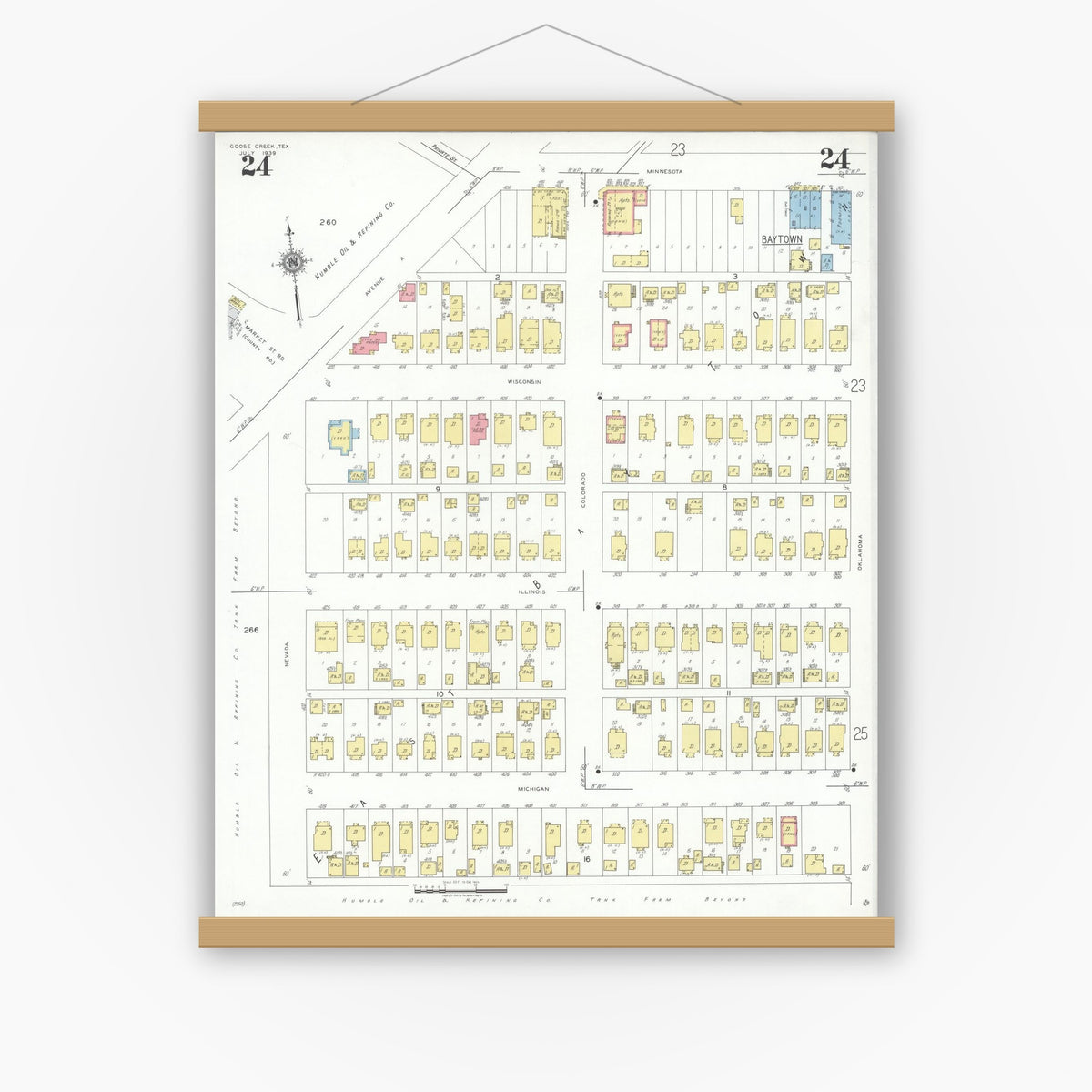 Old map wall art mockup — magnetic wood frame on white wall — Sanborn Fire Insurance Map from Goose Creek, Harris County, Texas (1939), Sheet #0024
