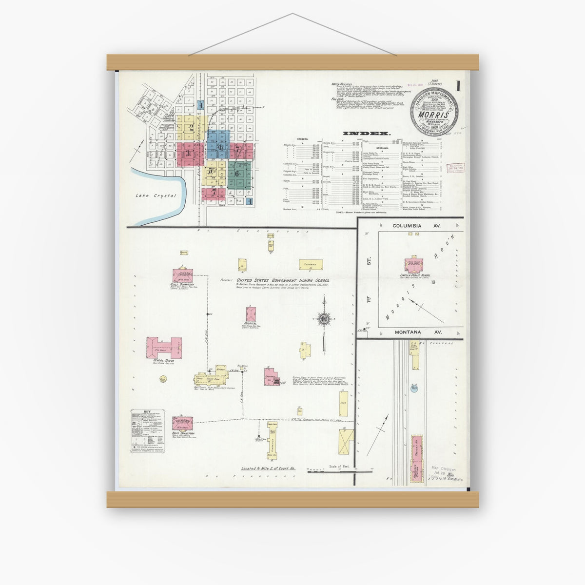 Old map wall art mockup — magnetic wood frame on white wall — Sanborn Fire Insurance Map from Morris, Stevens County, Minnesota (1909) - Complete Map Set