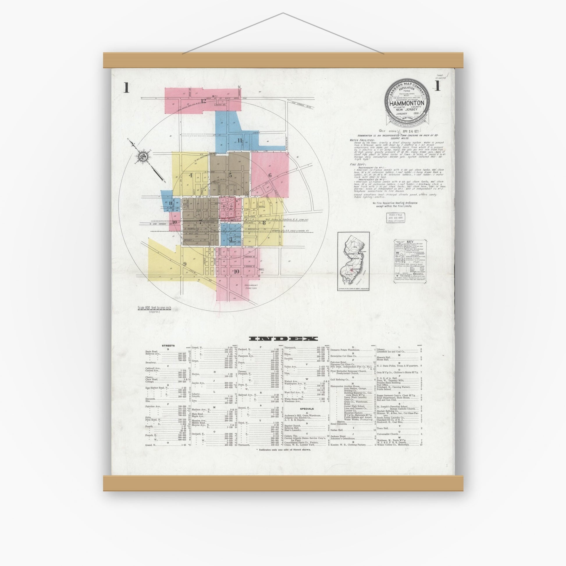 Old map wall art mockup — magnetic wood frame on white wall — Sanborn Fire Insurance Map from Hammonton, Atlantic County, New Jersey (1930) - Complete Map Set