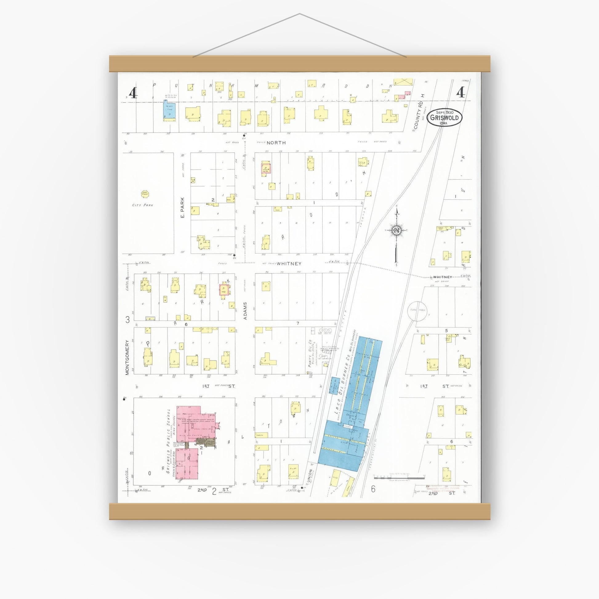 Old map wall art mockup — magnetic wood frame on white wall — Sanborn Fire Insurance Map from Griswold, Cass County, Iowa (1930), Sheet #0004