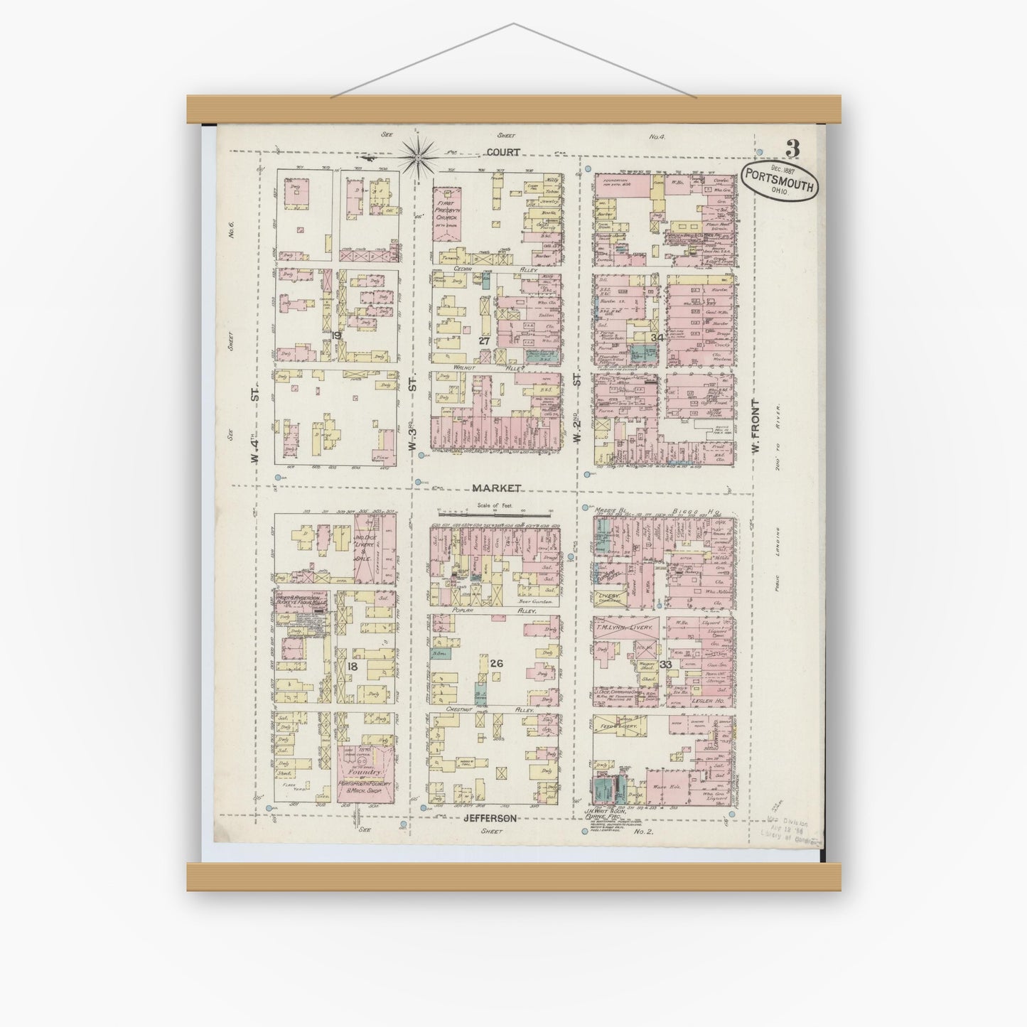Old map wall art mockup — magnetic wood frame on white wall — Sanborn Fire Insurance Map from Portsmouth, Scioto County, Ohio (1887), Sheet #0003