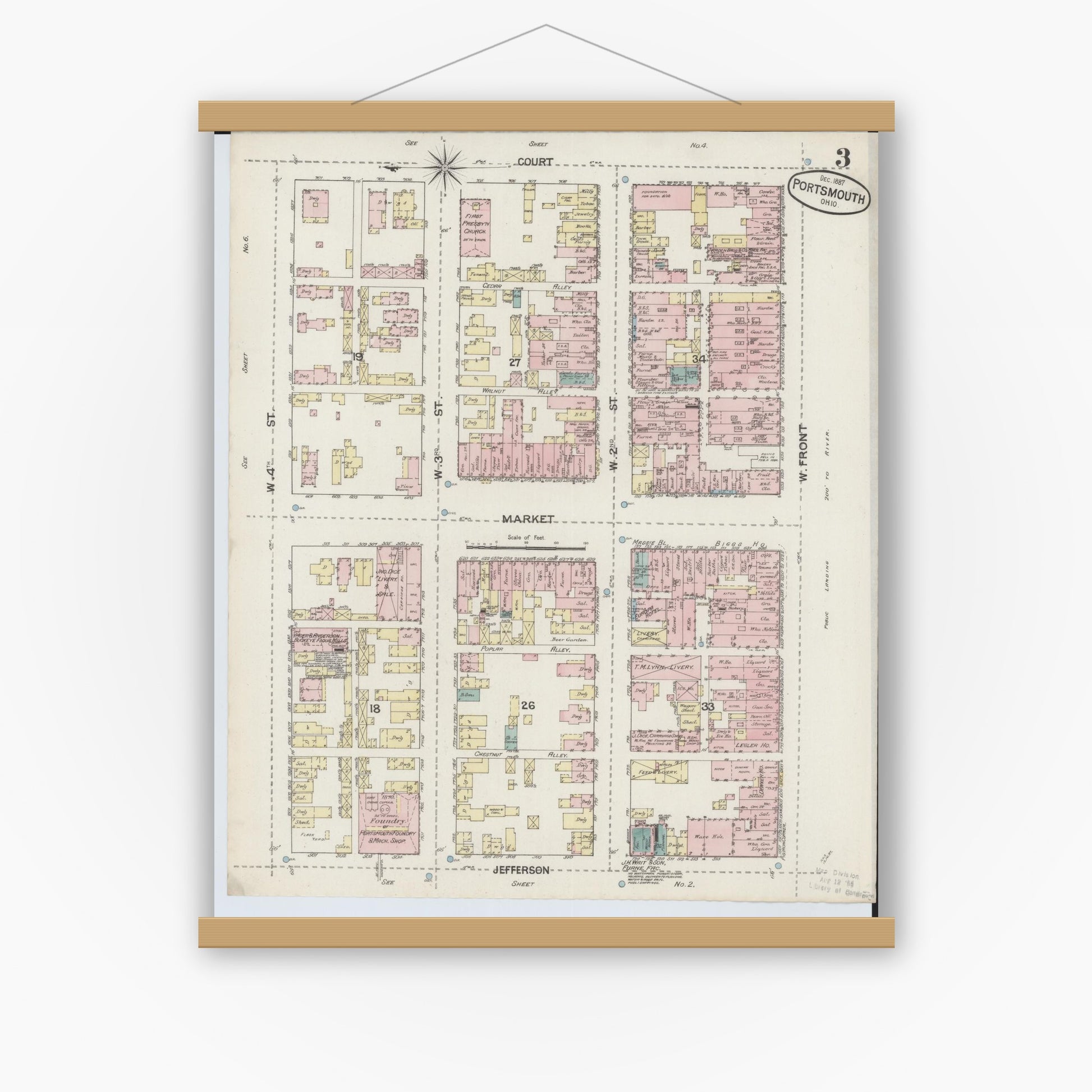 Old map wall art mockup — magnetic wood frame on white wall — Sanborn Fire Insurance Map from Portsmouth, Scioto County, Ohio (1887), Sheet #0003