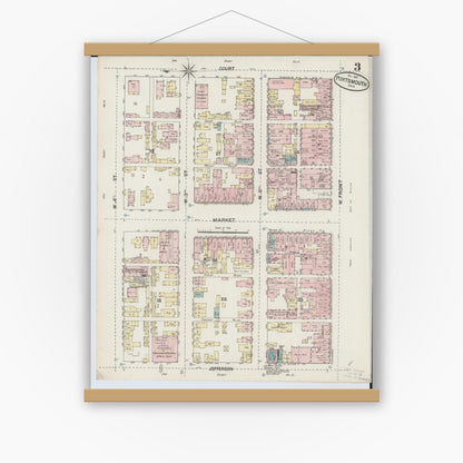 Old map wall art mockup — magnetic wood frame on white wall — Sanborn Fire Insurance Map from Portsmouth, Scioto County, Ohio (1887), Sheet #0003