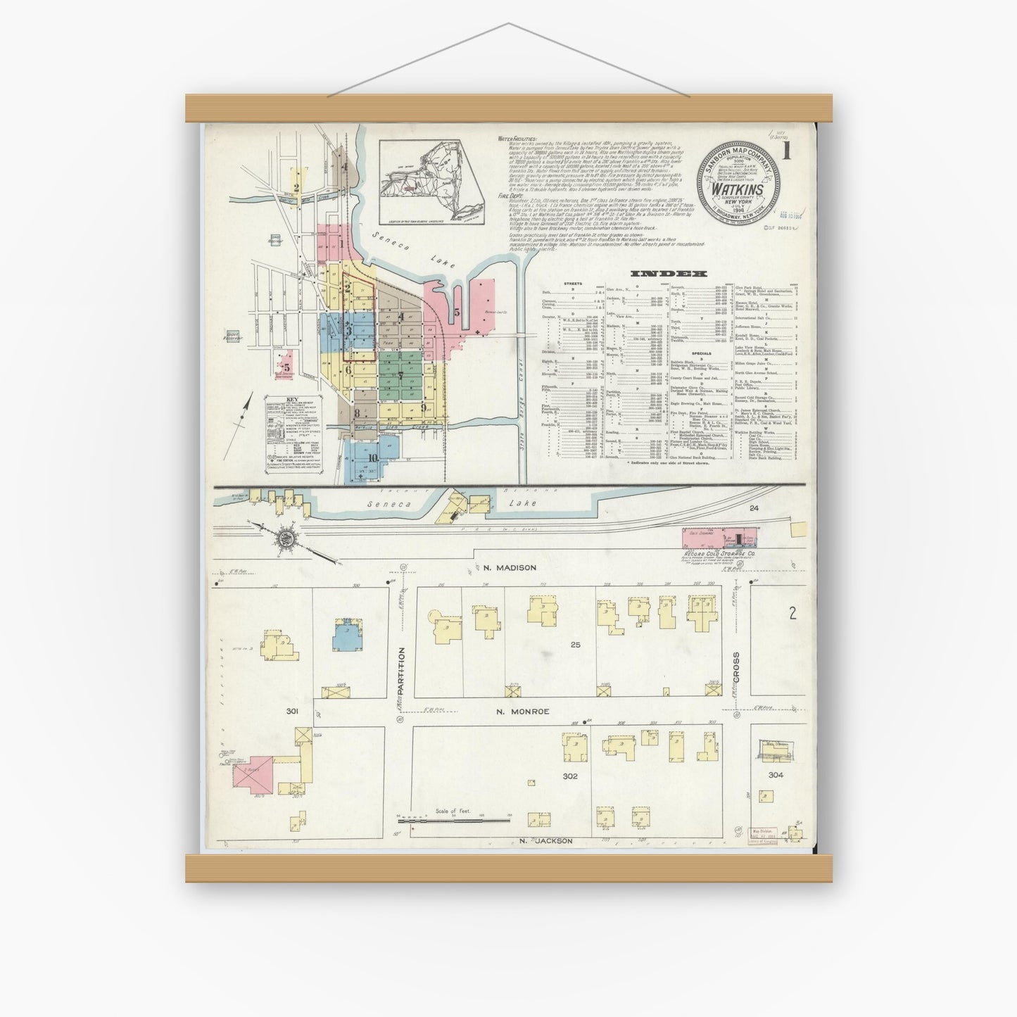 Old map wall art mockup — magnetic wood frame on white wall — Sanborn Fire Insurance Map from Watkins Glen, Schuyler County, New York (1914), Sheet #0001