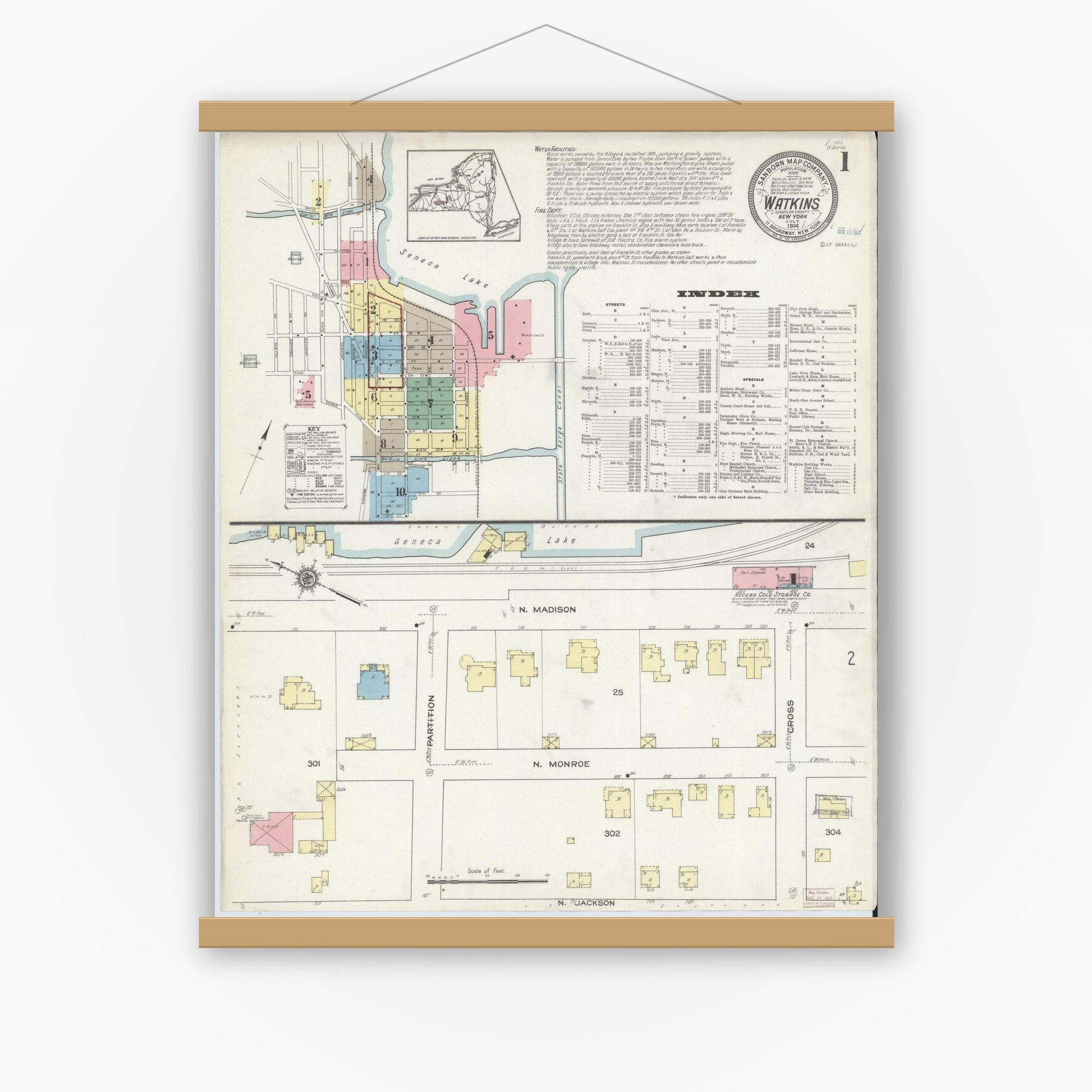 Old map wall art mockup — magnetic wood frame on white wall — Sanborn Fire Insurance Map from Watkins Glen, Schuyler County, New York (1914), Sheet #0001