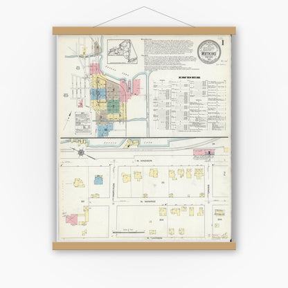 Old map wall art mockup — magnetic wood frame on white wall — Sanborn Fire Insurance Map from Watkins Glen, Schuyler County, New York (1914), Sheet #0001