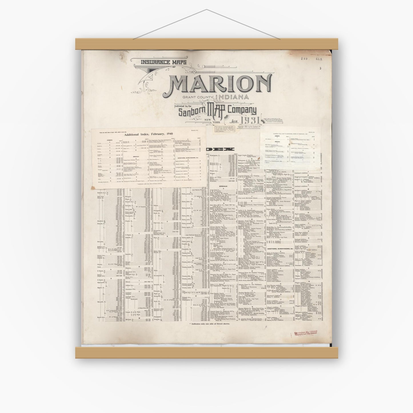 Old map wall art mockup — magnetic wood frame on white wall — Sanborn Fire Insurance Map from Marion, Grant County, Indiana (1947), Sheet #0001