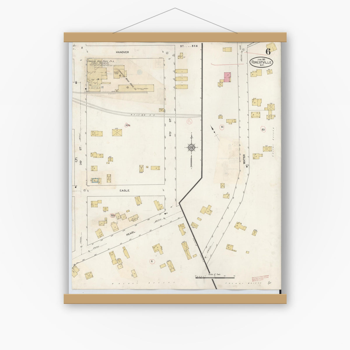 Old map wall art mockup — magnetic wood frame on white wall — Sanborn Fire Insurance Map from Forestville, Chautauqua County, New York (1941), Sheet #0006