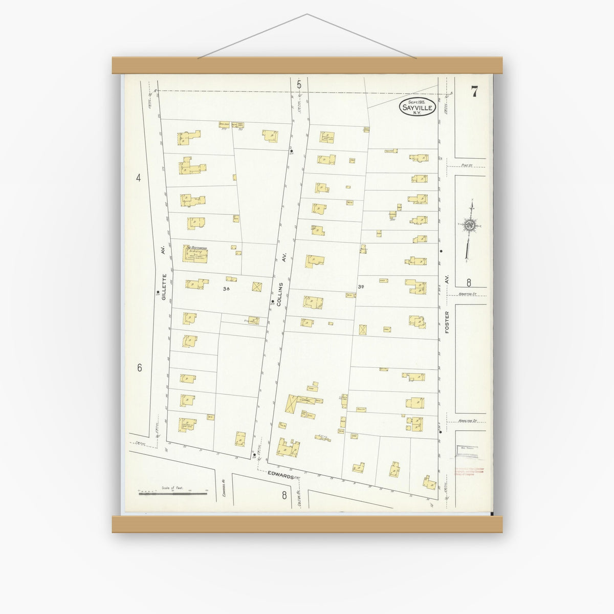 Old map wall art mockup — magnetic wood frame on white wall — Sanborn Fire Insurance Map from Sayville, Suffolk County, New York (1915), Sheet #0007