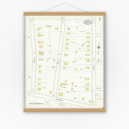 Old map wall art mockup — magnetic wood frame on white wall — Sanborn Fire Insurance Map from Sayville, Suffolk County, New York (1915), Sheet #0007