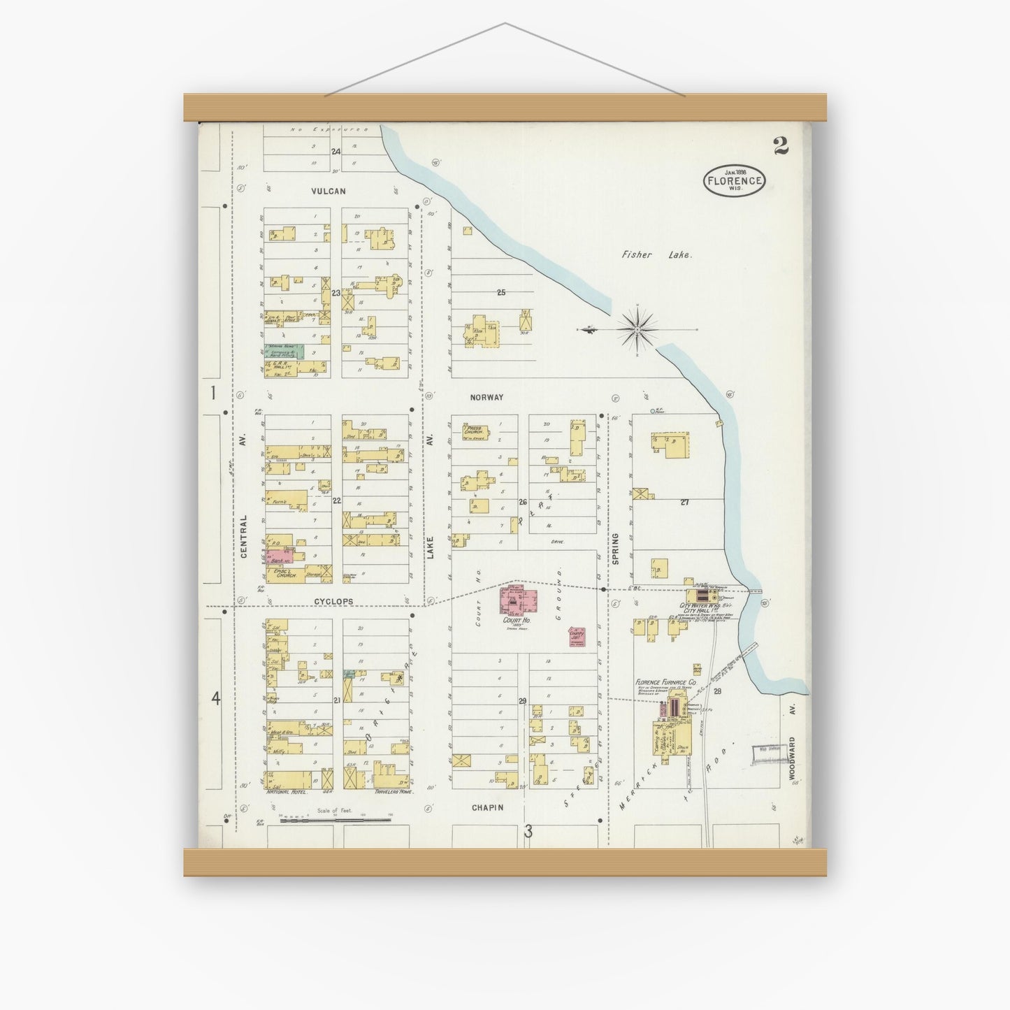 Old map wall art mockup — magnetic wood frame on white wall — Sanborn Fire Insurance Map from Florence, Florence County, Wisconsin (1898) - Complete Map Set