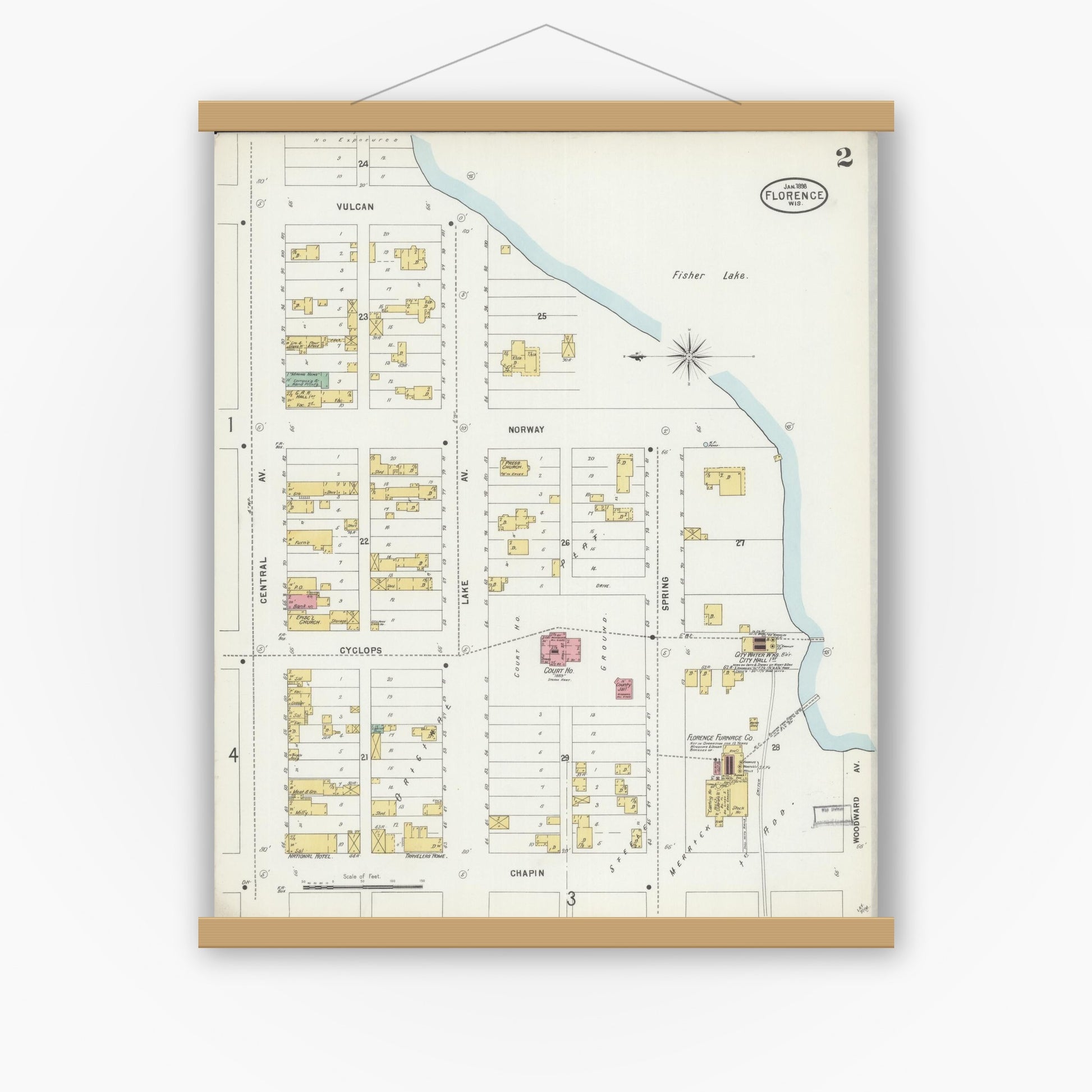 Old map wall art mockup — magnetic wood frame on white wall — Sanborn Fire Insurance Map from Florence, Florence County, Wisconsin (1898) - Complete Map Set