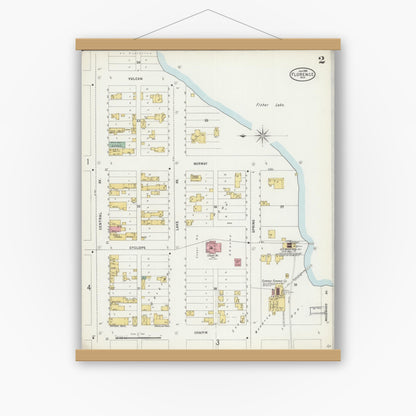 Old map wall art mockup — magnetic wood frame on white wall — Sanborn Fire Insurance Map from Florence, Florence County, Wisconsin (1898) - Complete Map Set