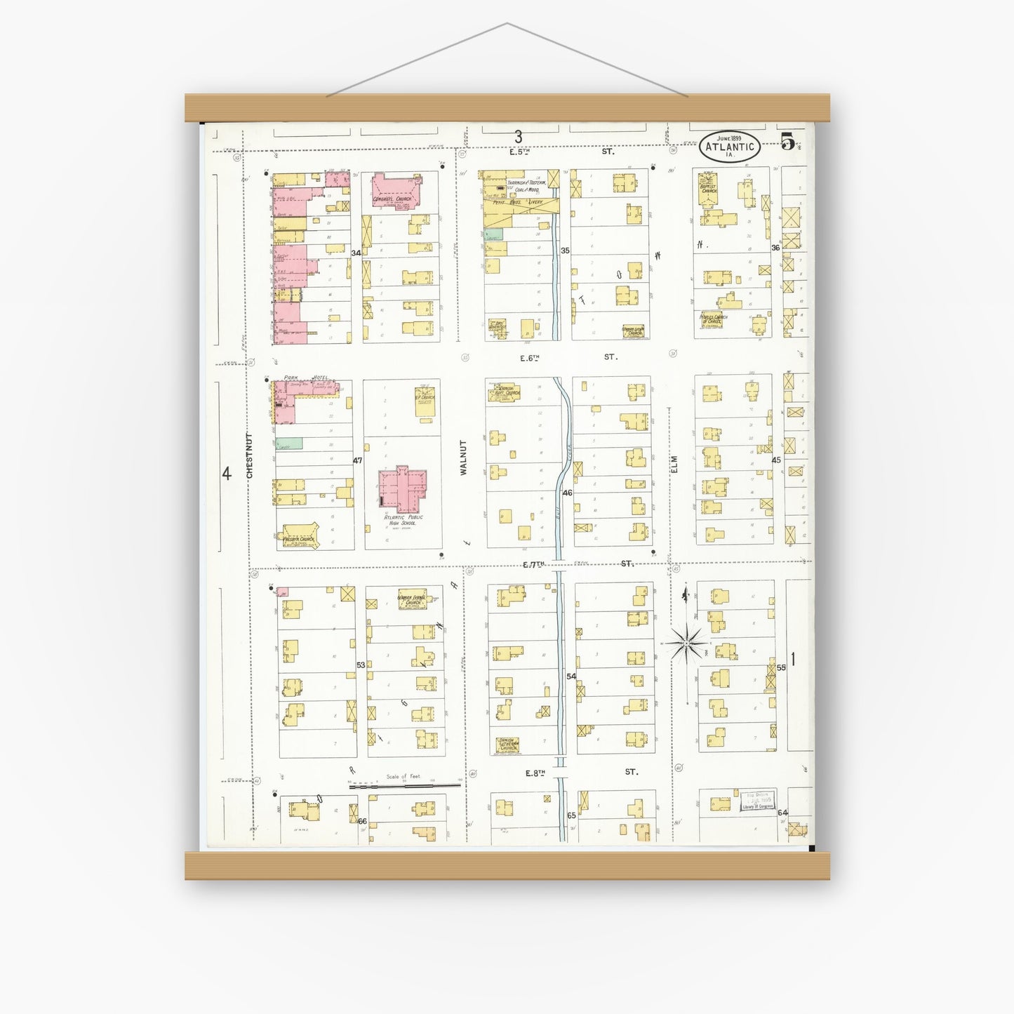 Old map wall art mockup — magnetic wood frame on white wall — Sanborn Fire Insurance Map from Atlantic, Cass County, Iowa (1899), Sheet #0005