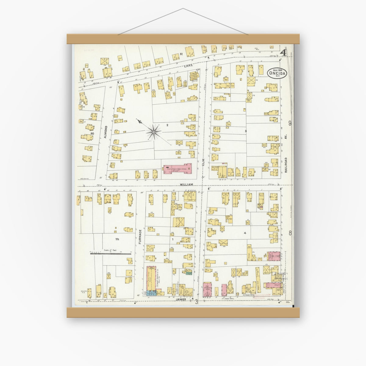 Old map wall art mockup — magnetic wood frame on white wall — Sanborn Fire Insurance Map from Oneida, Madison County, New York (1904), Sheet #0003