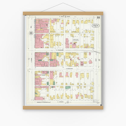 Old map wall art mockup — magnetic wood frame on white wall — Sanborn Fire Insurance Map from Findlay, Hancock County, Ohio (1901), Sheet #0018