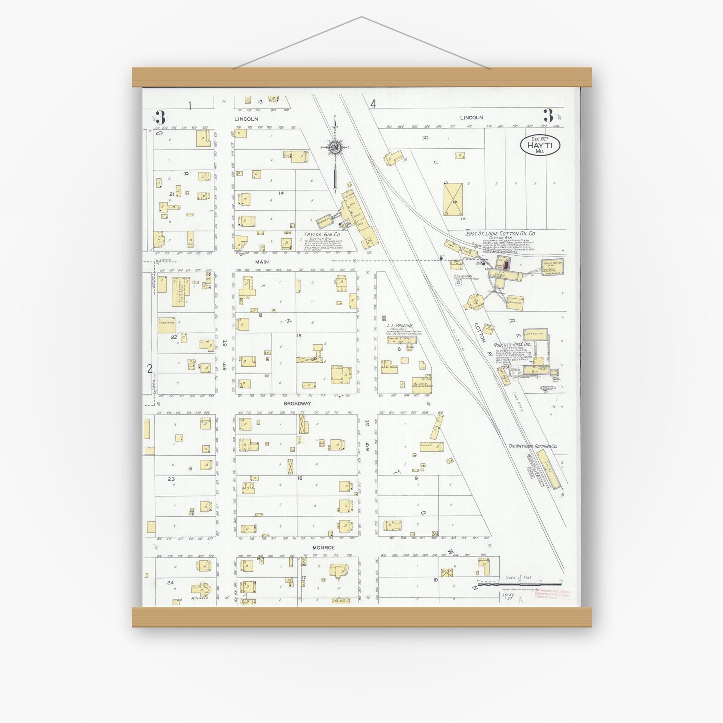 Old map wall art mockup — magnetic wood frame on white wall — Sanborn Fire Insurance Map from Hayti, Pemiscot County, Missouri (1927), Sheet #0003
