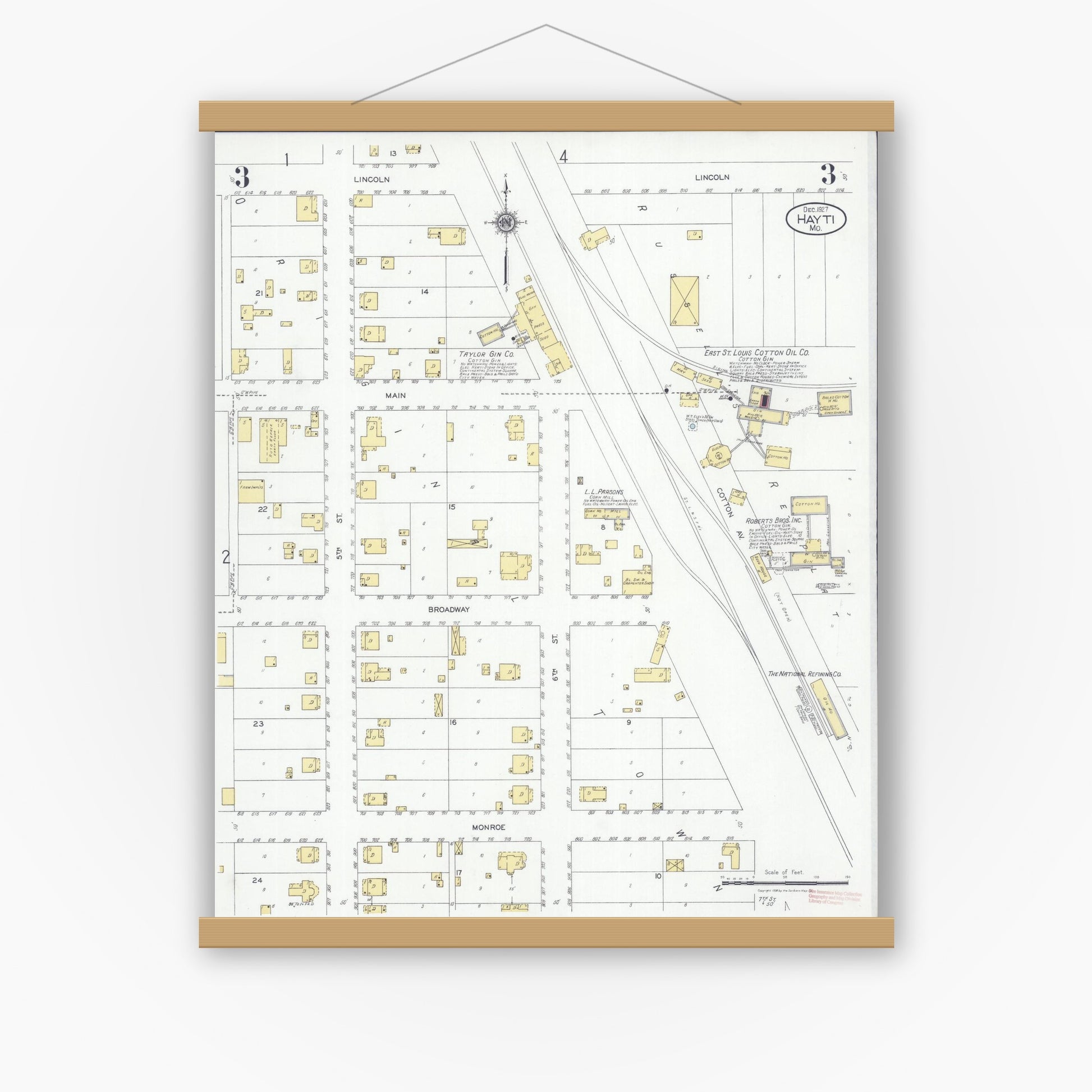 Old map wall art mockup — magnetic wood frame on white wall — Sanborn Fire Insurance Map from Hayti, Pemiscot County, Missouri (1927), Sheet #0003