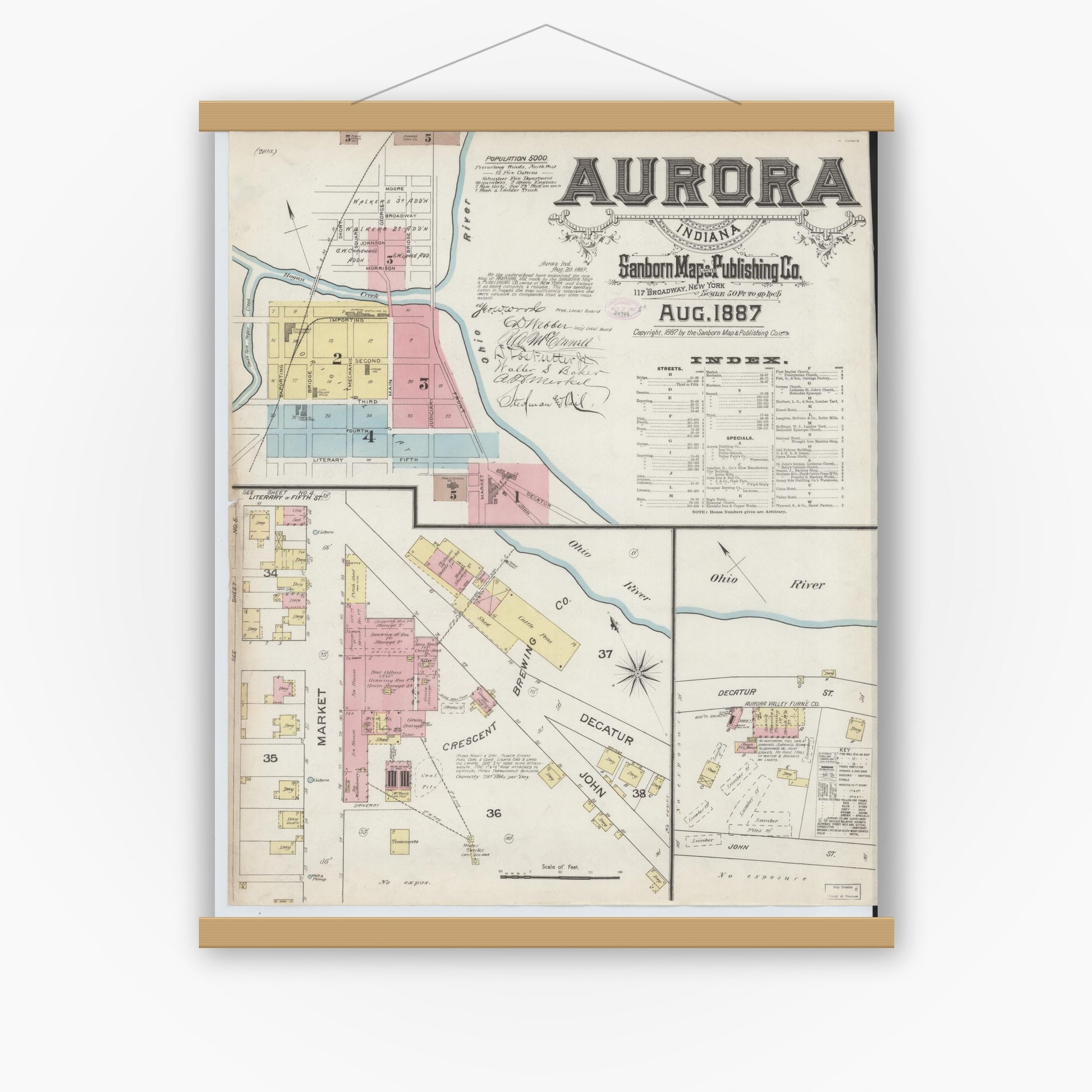 Old map wall art mockup — magnetic wood frame on white wall — Sanborn Fire Insurance Map from Aurora, Dearborn County, Indiana (1887) - Complete Map Set