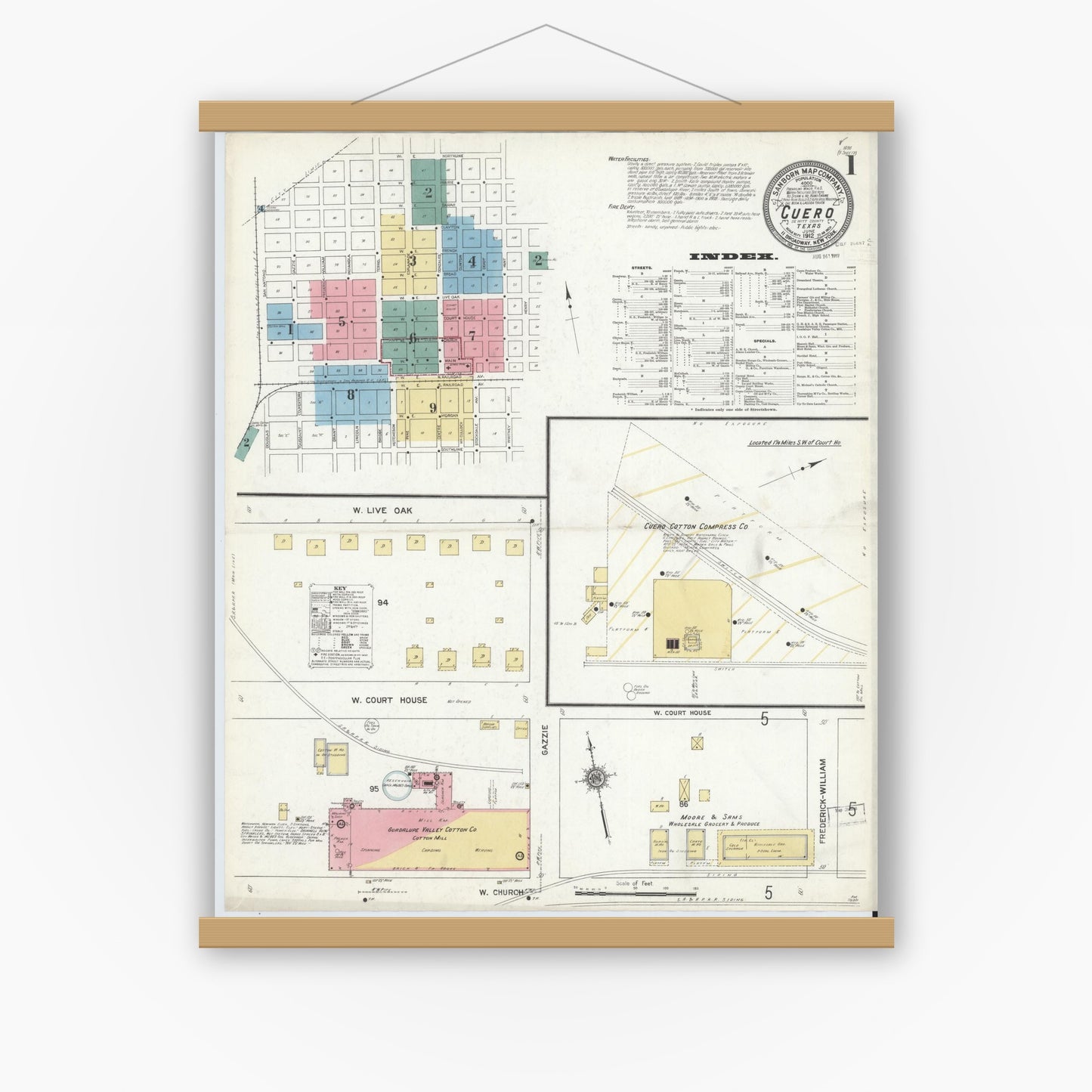 Old map wall art mockup — magnetic wood frame on white wall — Sanborn Fire Insurance Map from Cuero, De Witt County, Texas (1912), Sheet #0001