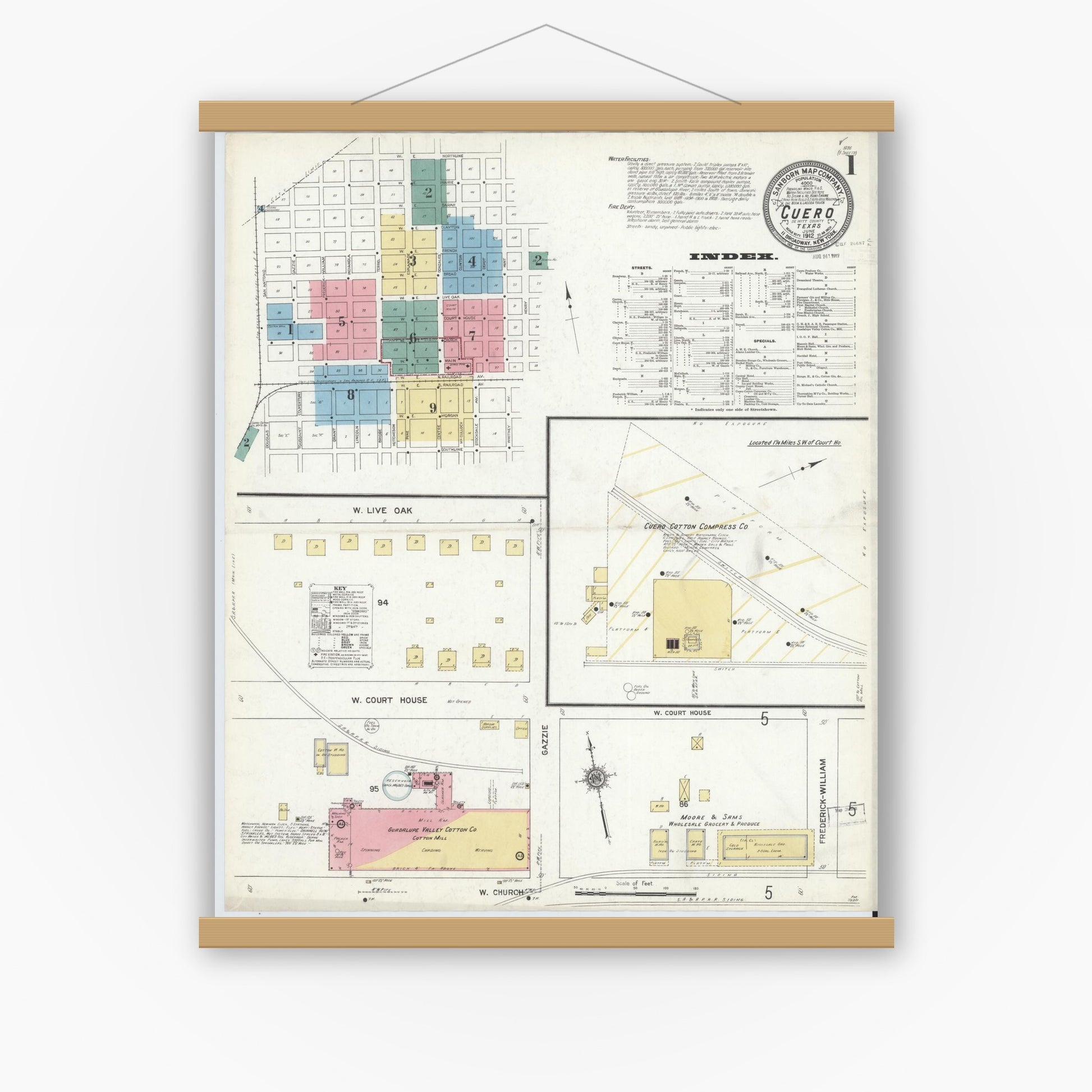 Old map wall art mockup — magnetic wood frame on white wall — Sanborn Fire Insurance Map from Cuero, De Witt County, Texas (1912), Sheet #0001