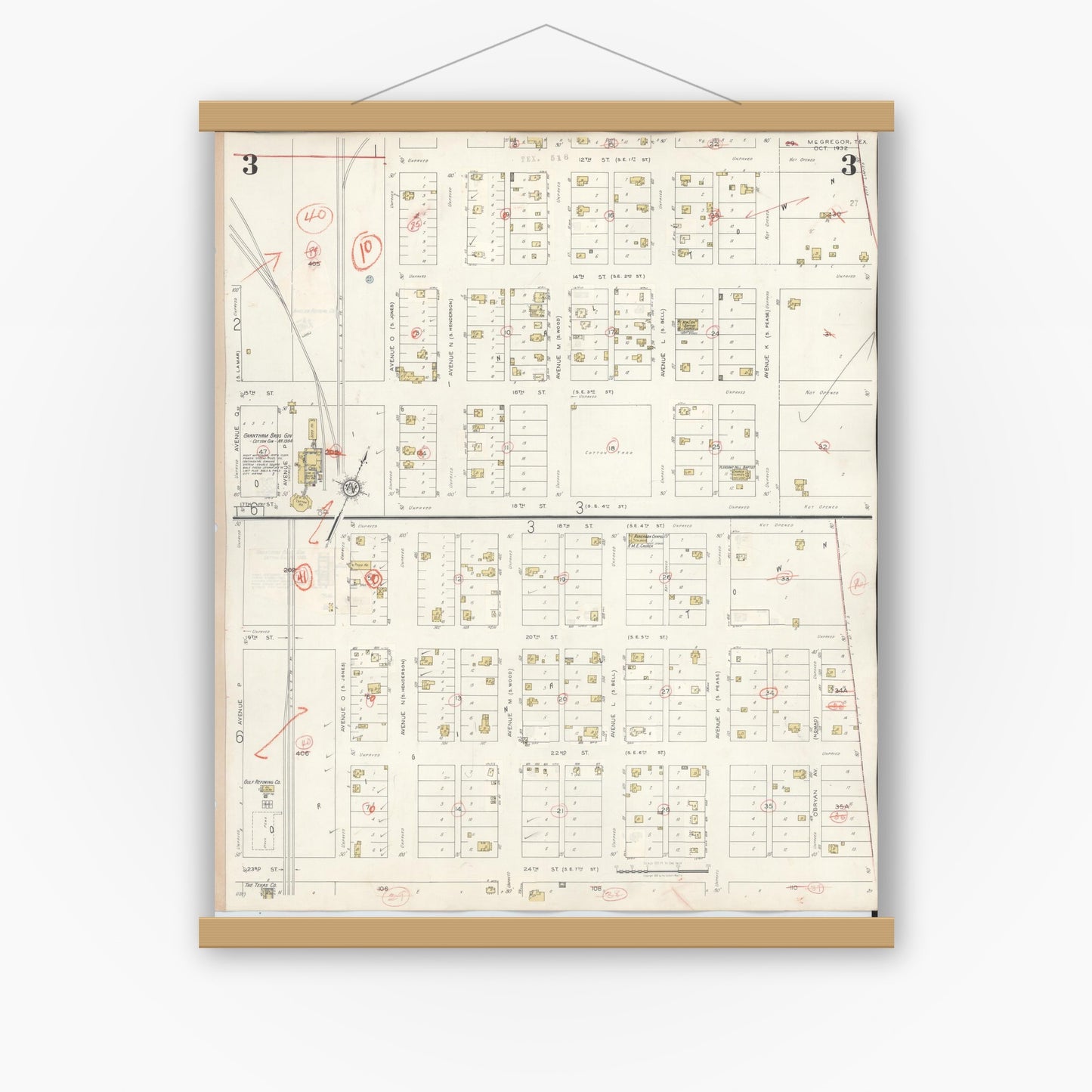 Old map wall art mockup — magnetic wood frame on white wall — Sanborn Fire Insurance Map from McGregor, McLennan County, Texas (1942), Sheet #0003