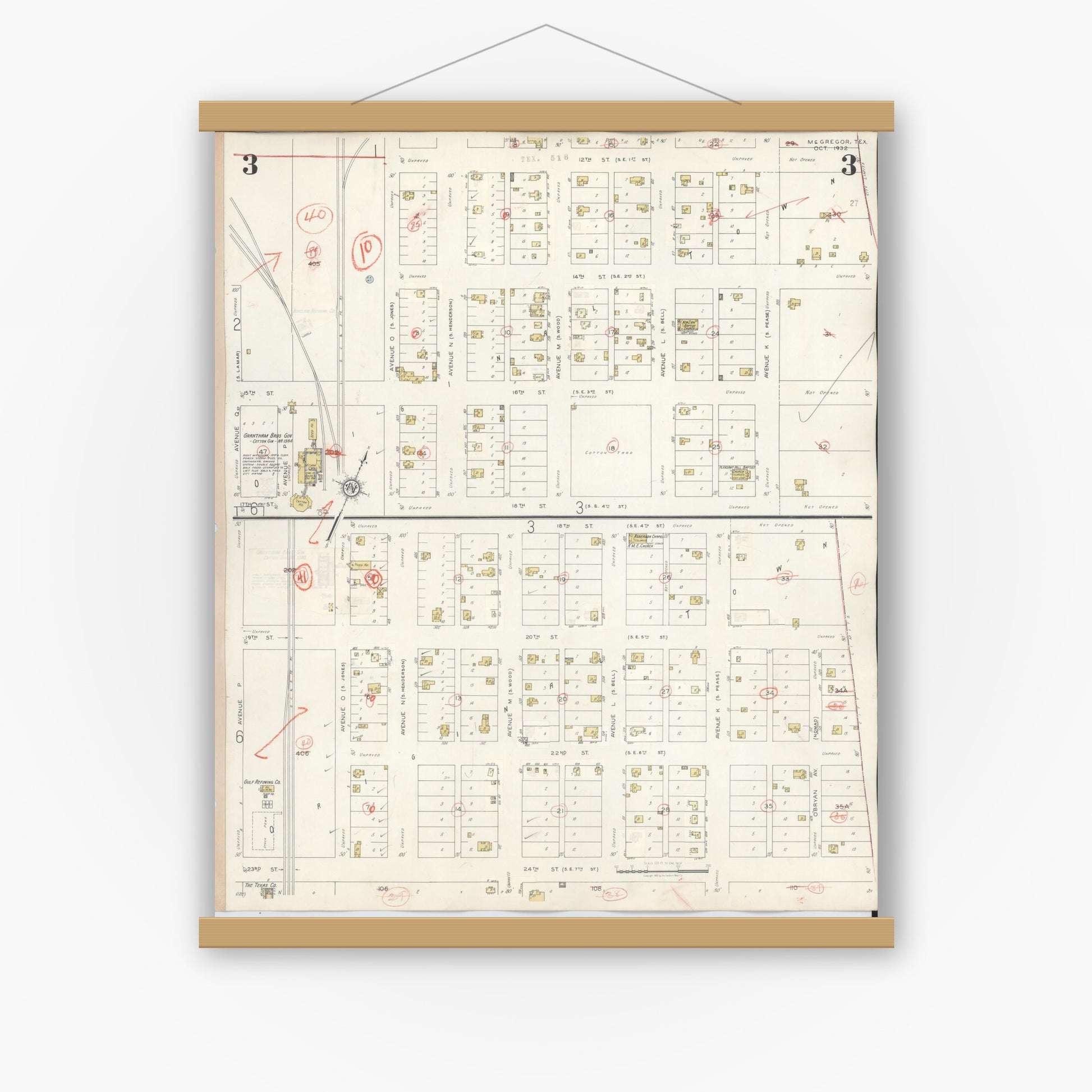Old map wall art mockup — magnetic wood frame on white wall — Sanborn Fire Insurance Map from McGregor, McLennan County, Texas (1942), Sheet #0003