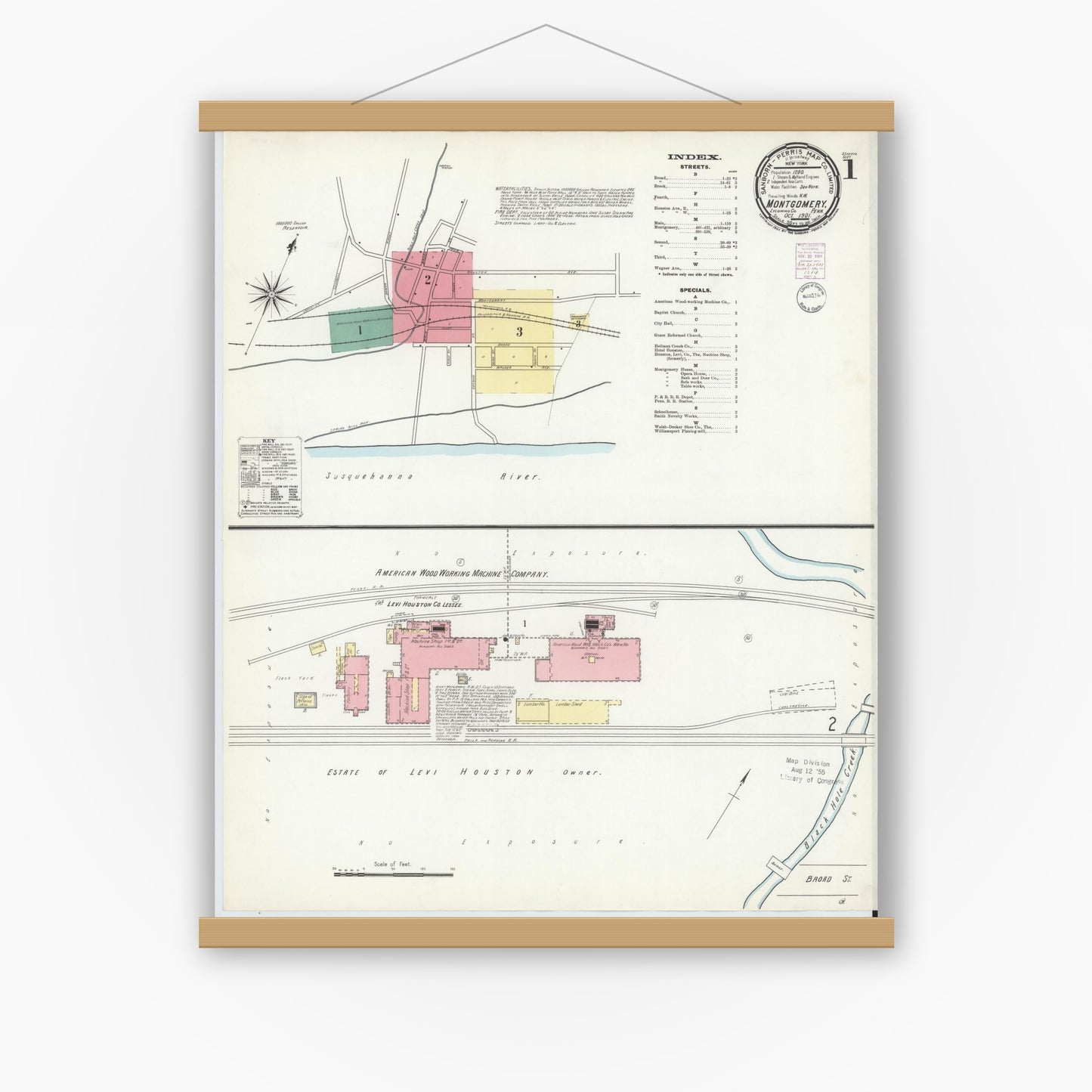 Old map wall art mockup — magnetic wood frame on white wall — Sanborn Fire Insurance Map from Montgomery, Lycoming County, Pennsylvania (1901) - Complete Map Set