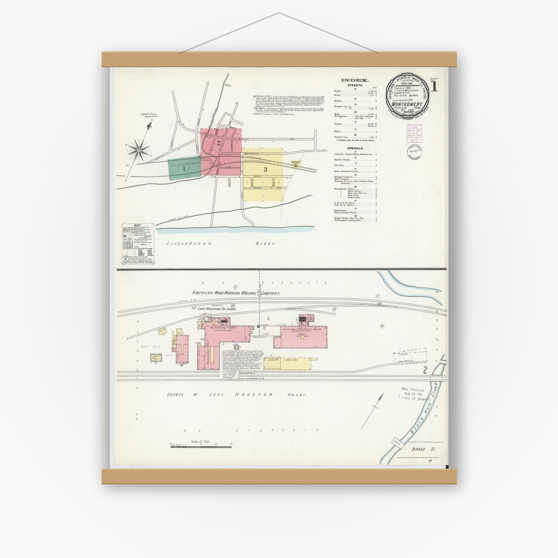 Old map wall art mockup — magnetic wood frame on white wall — Sanborn Fire Insurance Map from Montgomery, Lycoming County, Pennsylvania (1901) - Complete Map Set