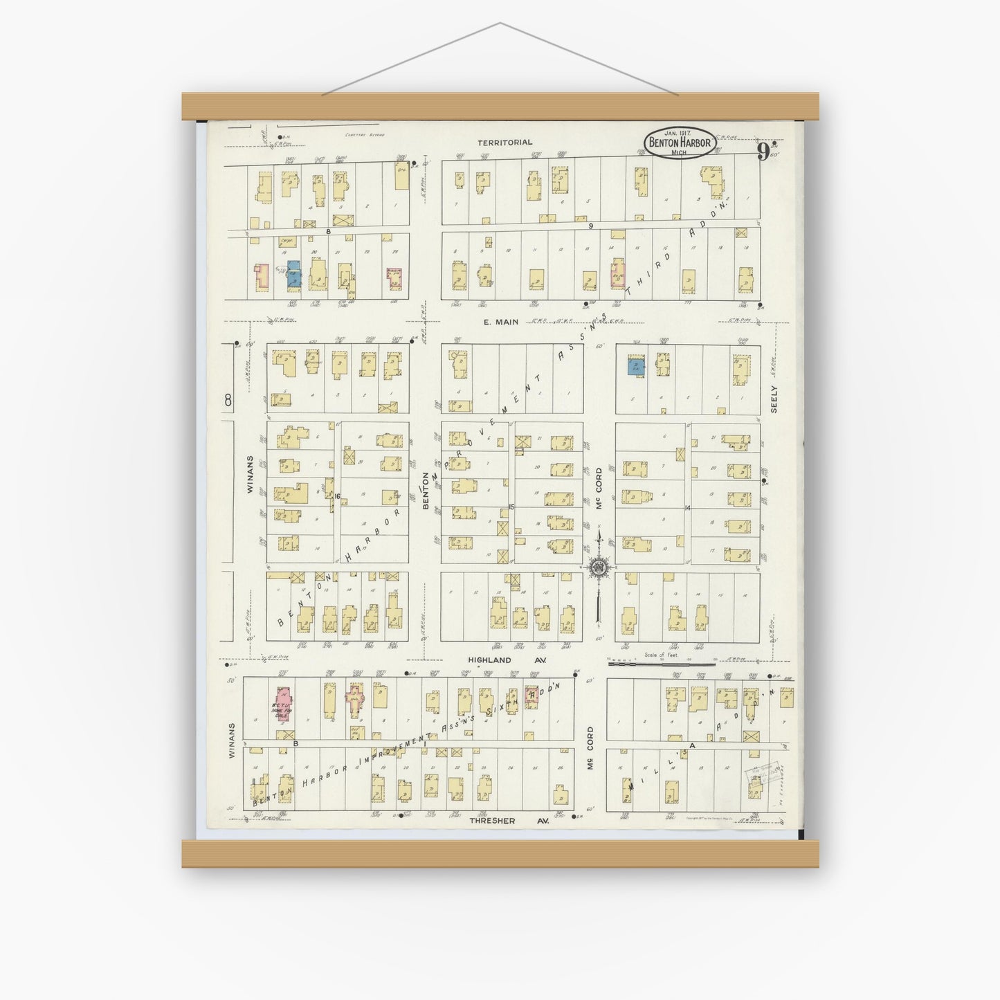 Old map wall art mockup — magnetic wood frame on white wall — Sanborn Fire Insurance Map from Benton Harbor, Berrien County, Michigan (1917), Sheet #0009