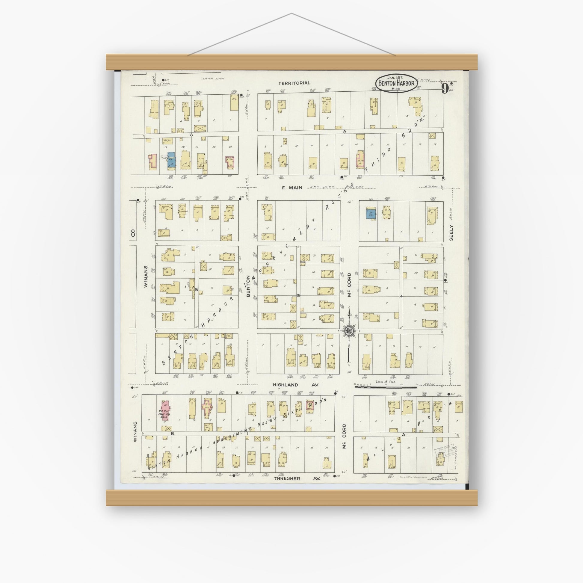 Old map wall art mockup — magnetic wood frame on white wall — Sanborn Fire Insurance Map from Benton Harbor, Berrien County, Michigan (1917), Sheet #0009