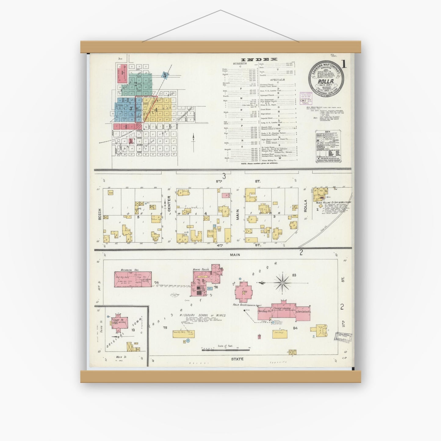 Old map wall art mockup — magnetic wood frame on white wall — Sanborn Fire Insurance Map from Rolla, Phelps County, Missouri (1905) - Complete Map Set