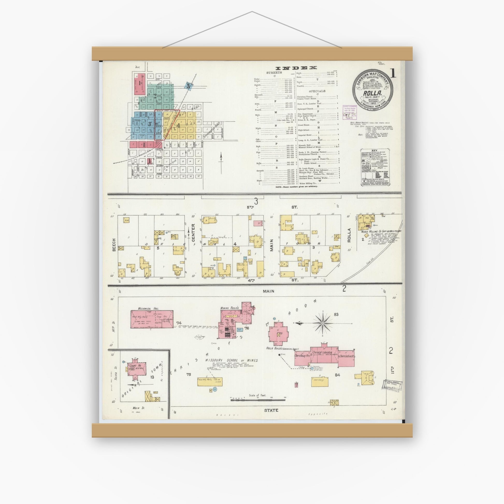 Old map wall art mockup — magnetic wood frame on white wall — Sanborn Fire Insurance Map from Rolla, Phelps County, Missouri (1905) - Complete Map Set