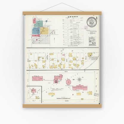 Old map wall art mockup — magnetic wood frame on white wall — Sanborn Fire Insurance Map from Rolla, Phelps County, Missouri (1905) - Complete Map Set