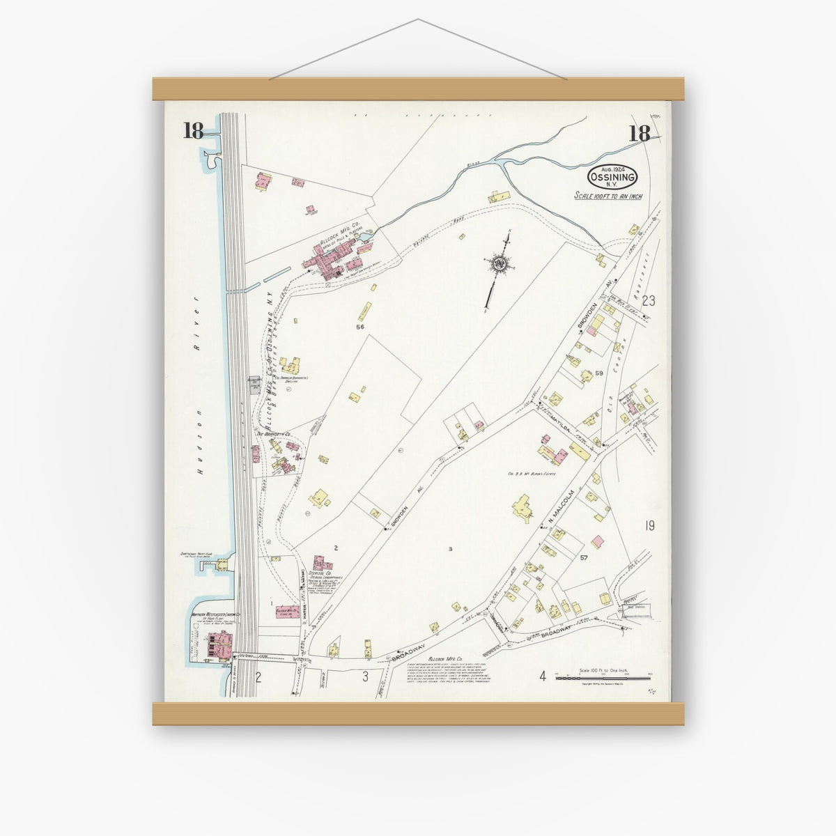 Old map wall art mockup — magnetic wood frame on white wall — Sanborn Fire Insurance Map from Ossining, Westchester County, New York (1924), Sheet #0018