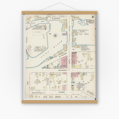 Old map wall art mockup — magnetic wood frame on white wall — Sanborn Fire Insurance Map from Lowell, Kent County, Michigan (1885), Sheet #0002