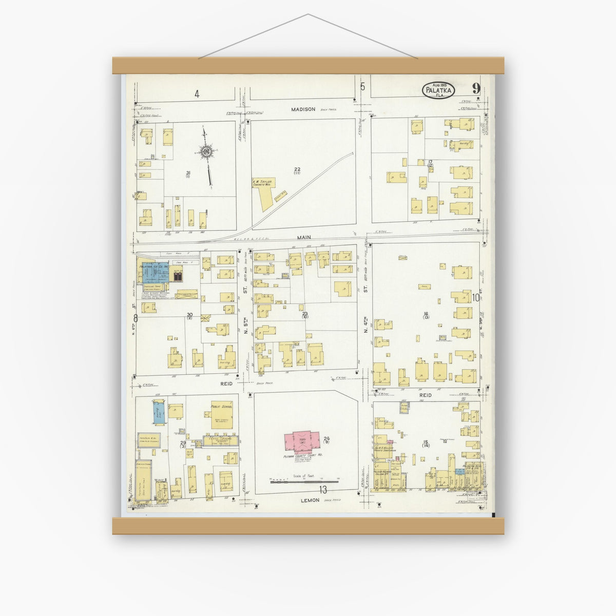 Old map wall art mockup — magnetic wood frame on white wall — Sanborn Fire Insurance Map from Palatka, Putnam County, Florida (1915), Sheet #0009
