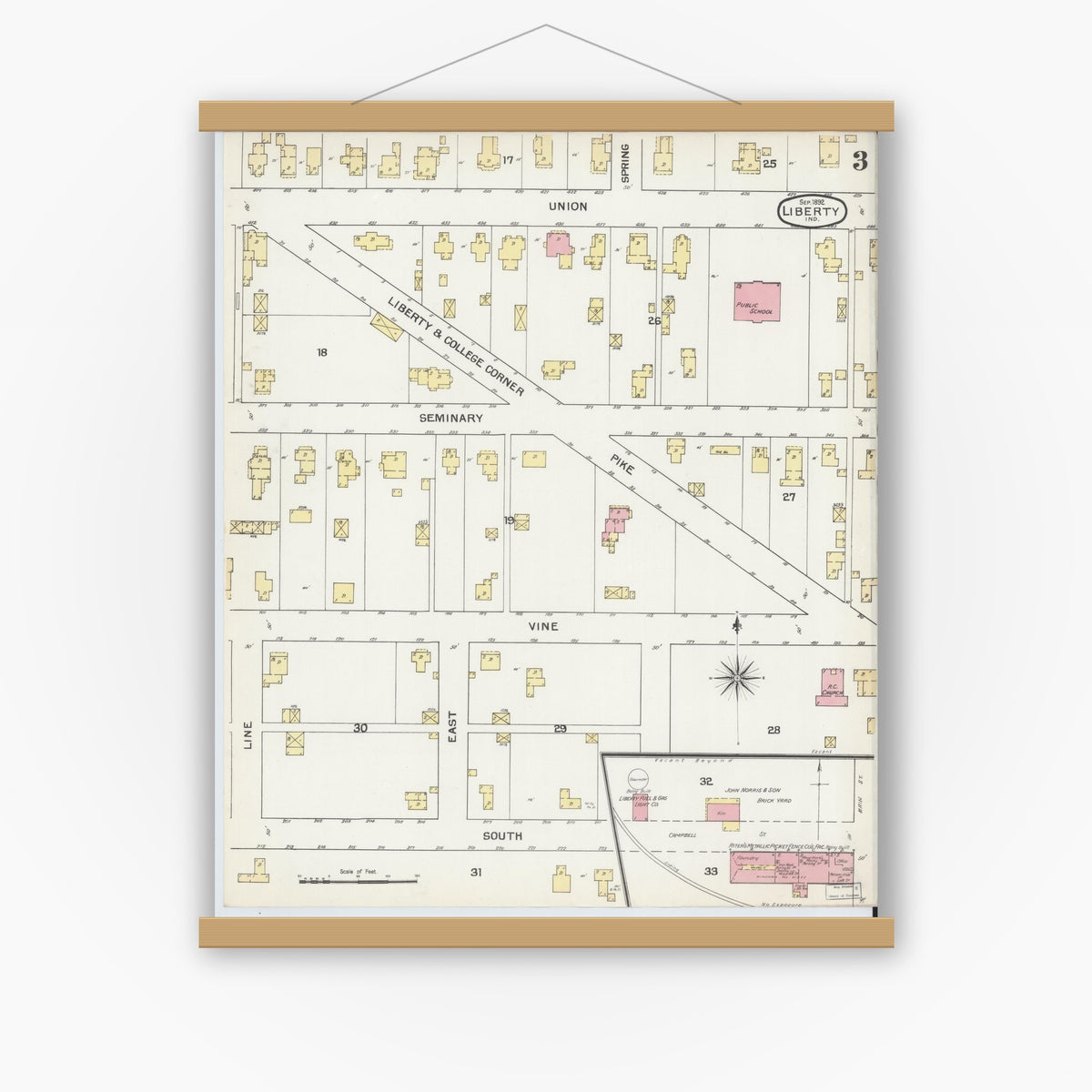 Old map wall art mockup — magnetic wood frame on white wall — Sanborn Fire Insurance Map from Liberty, Union County, Indiana (1892), Sheet #0003