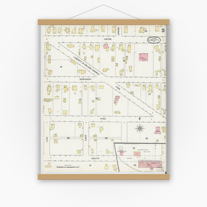 Old map wall art mockup — magnetic wood frame on white wall — Sanborn Fire Insurance Map from Liberty, Union County, Indiana (1892), Sheet #0003