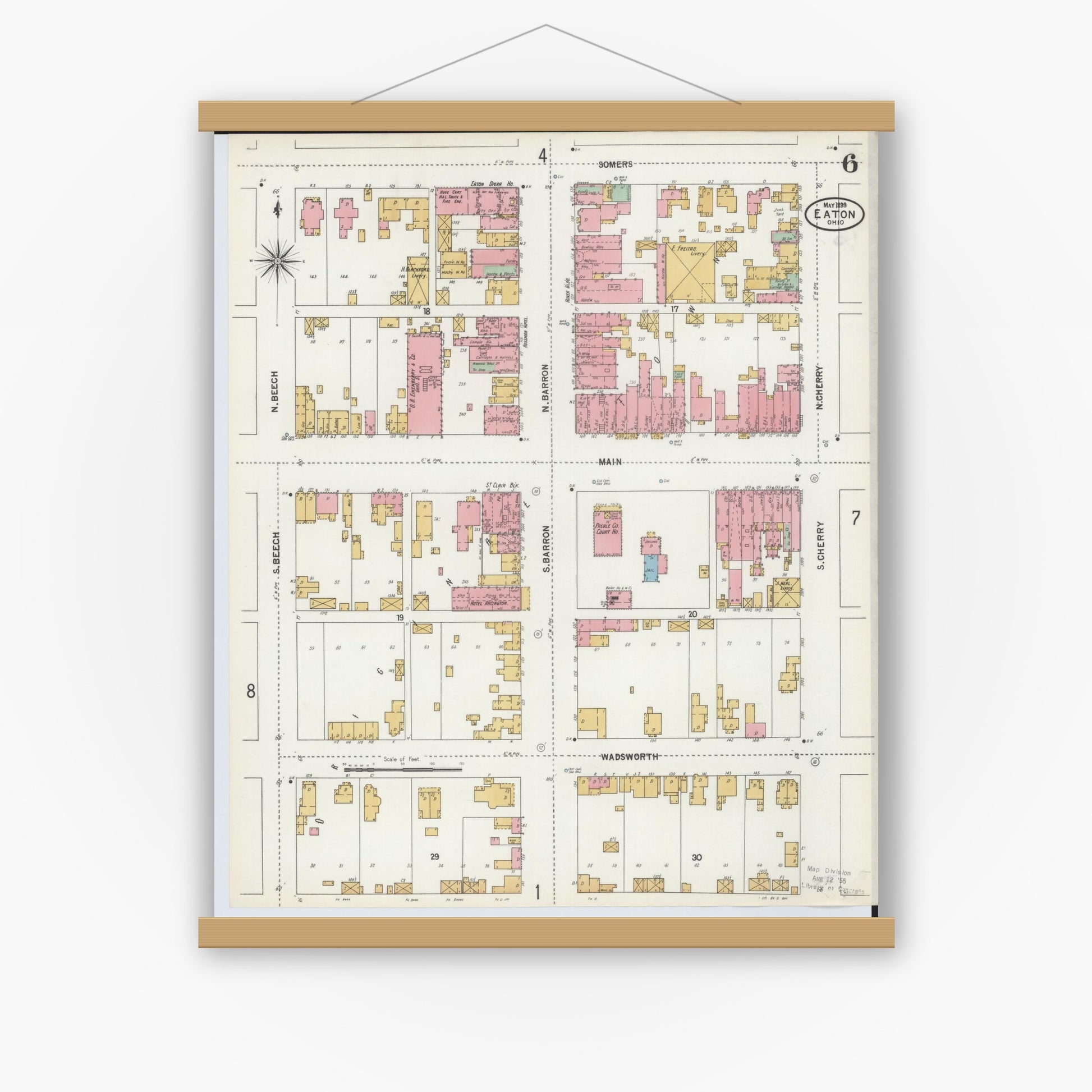 Old map wall art mockup — magnetic wood frame on white wall — Sanborn Fire Insurance Map from Eaton, Preble County, Ohio (1899), Sheet #0006