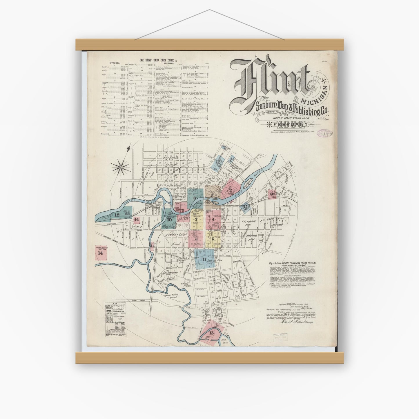 Old map wall art mockup — magnetic wood frame on white wall — Sanborn Fire Insurance Map from Flint, Genesee County, Michigan (1886) - Complete Map Set