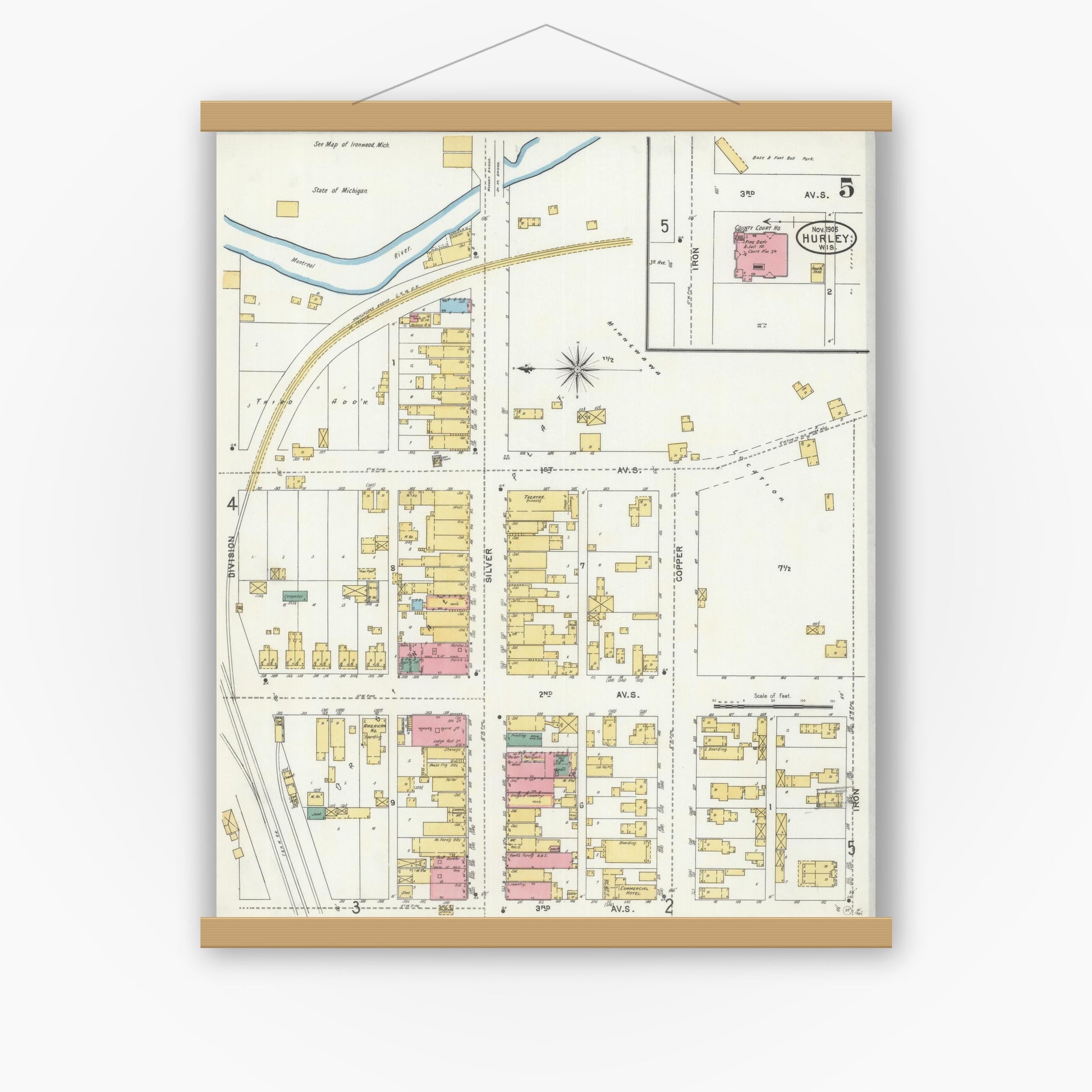 Old map wall art mockup — magnetic wood frame on white wall — Sanborn Fire Insurance Map from Hurley, Iron County, Wisconsin (1905), Sheet #0005
