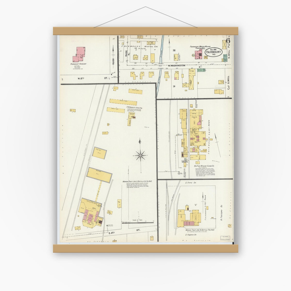 Old map wall art mockup — magnetic wood frame on white wall — Sanborn Fire Insurance Map from Fairmount, Grant County, Indiana (1902), Sheet #0006