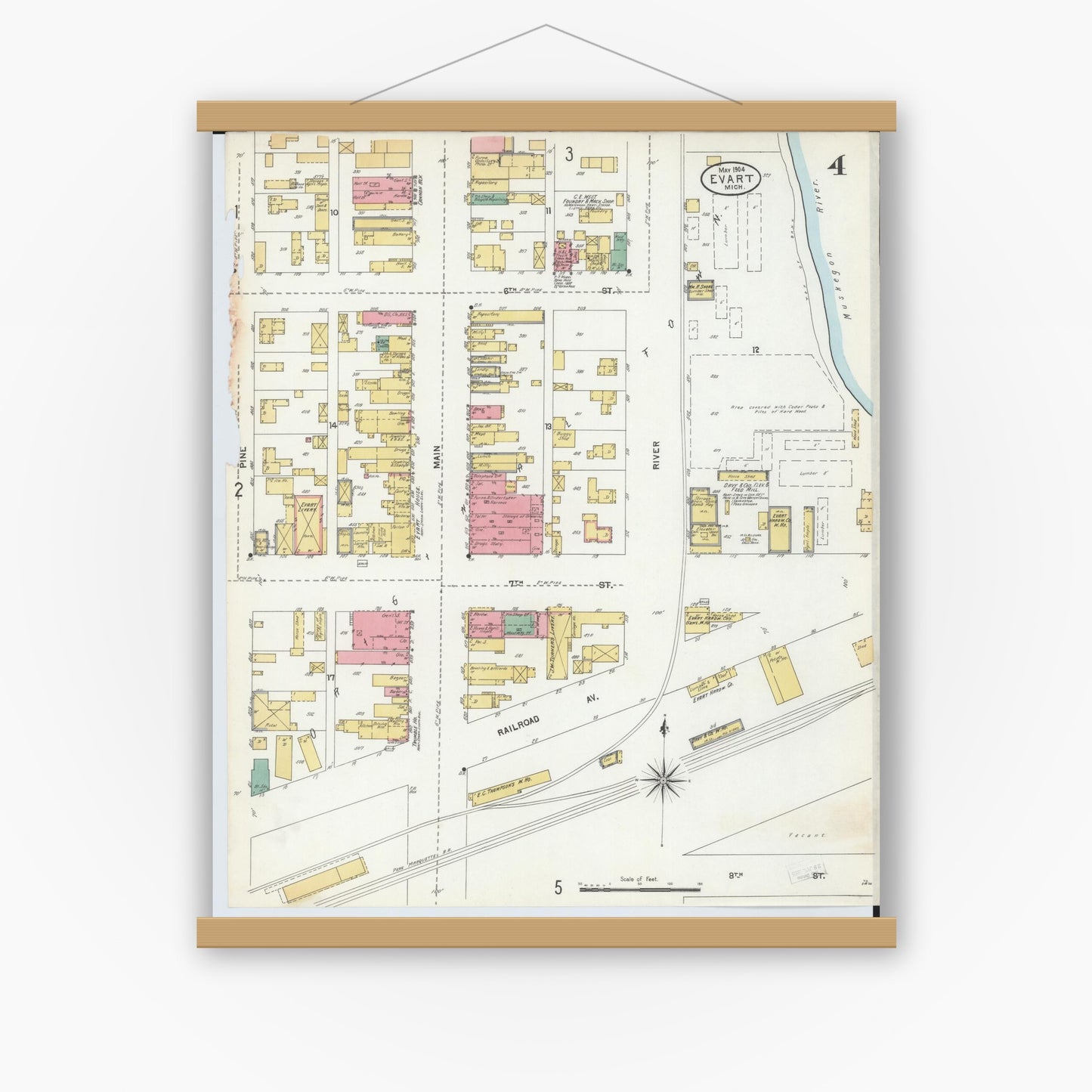 Old map wall art mockup — magnetic wood frame on white wall — Sanborn Fire Insurance Map from Evart, Osceola County, Michigan (1904), Sheet #0004