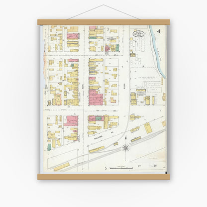 Old map wall art mockup — magnetic wood frame on white wall — Sanborn Fire Insurance Map from Evart, Osceola County, Michigan (1904), Sheet #0004