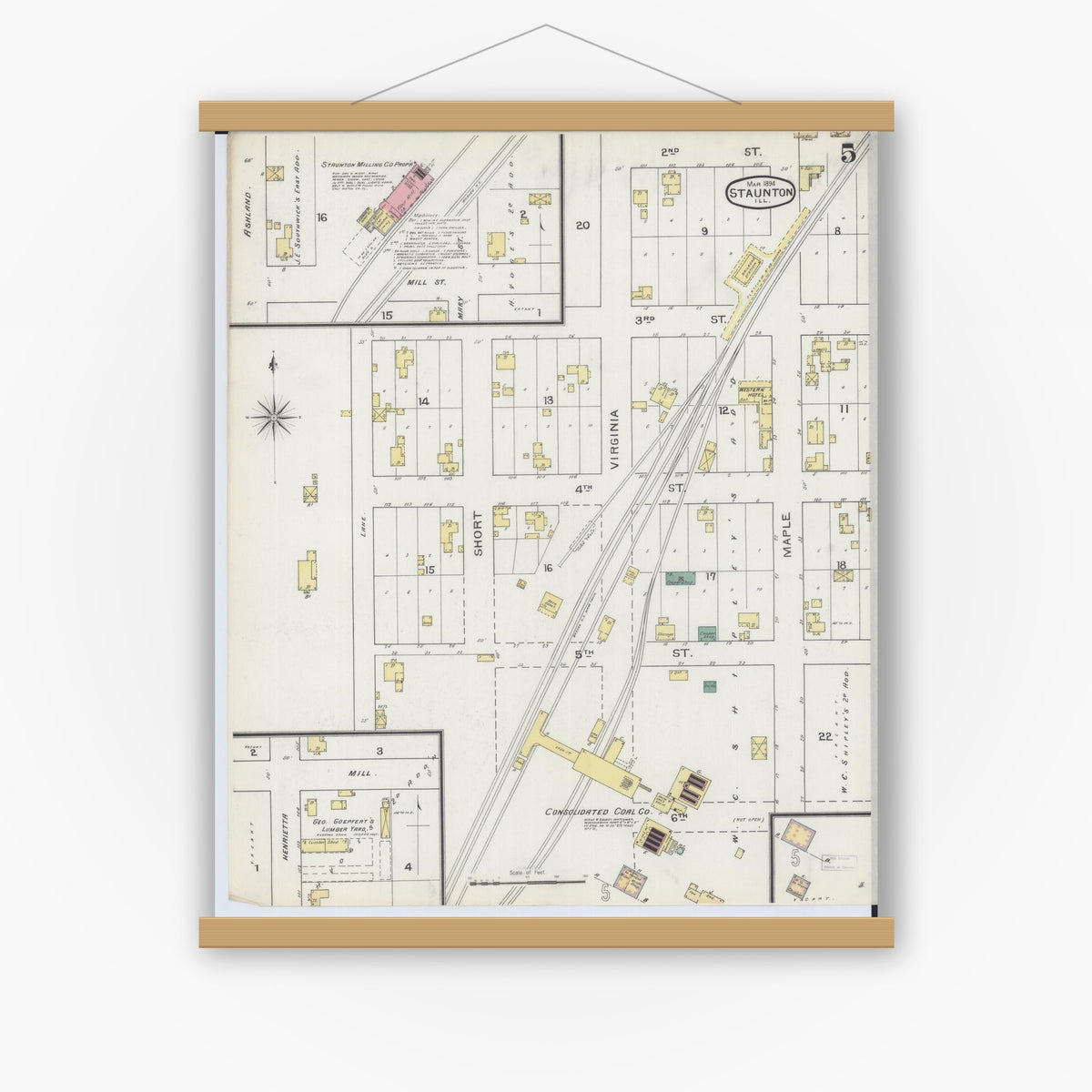 Old map wall art mockup — magnetic wood frame on white wall — Sanborn Fire Insurance Map from Staunton, Macoupin County, Illinois (1894), Sheet #0005