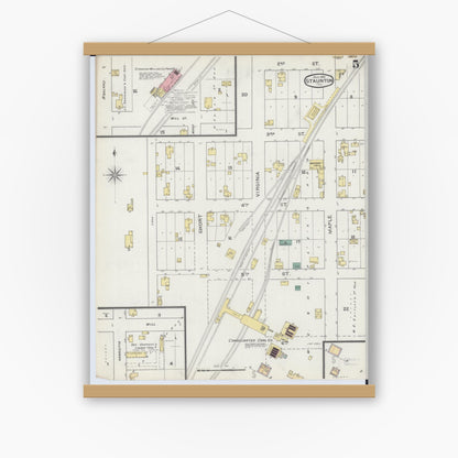 Old map wall art mockup — magnetic wood frame on white wall — Sanborn Fire Insurance Map from Staunton, Macoupin County, Illinois (1894), Sheet #0005